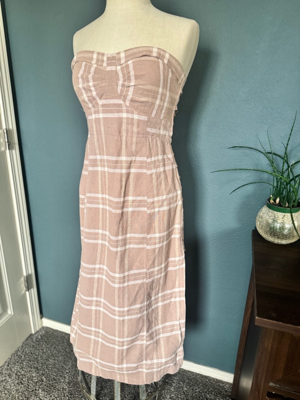 Free People Strapless Plaid Midi Dress in Dusty Rose and White